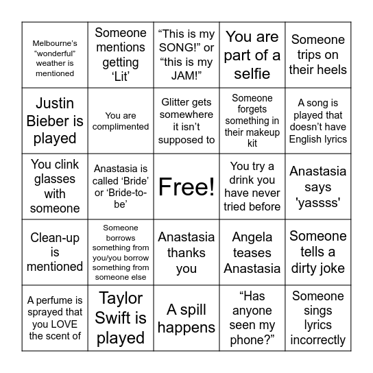 Bridal Bingo Card