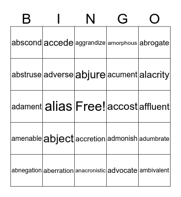 SAT Vocabulary Bingo Card