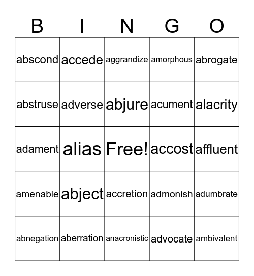 SAT Vocabulary Bingo Card