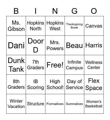 Hopkins West Bingo Card