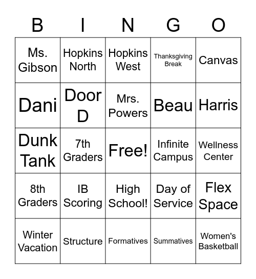 Hopkins West Bingo Card