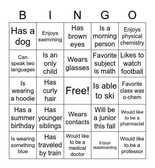 REU Kick-Off Bingo Card