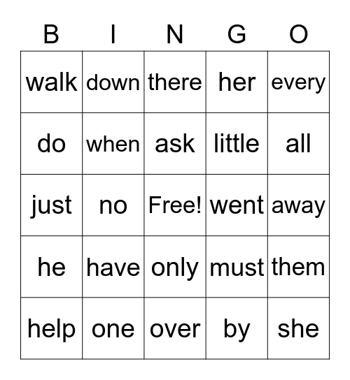 Sight Word Bingo Card