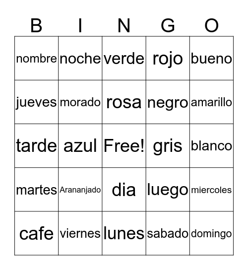SPANISH BINGO Card