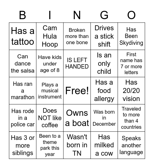 Get to know you Bingo Card