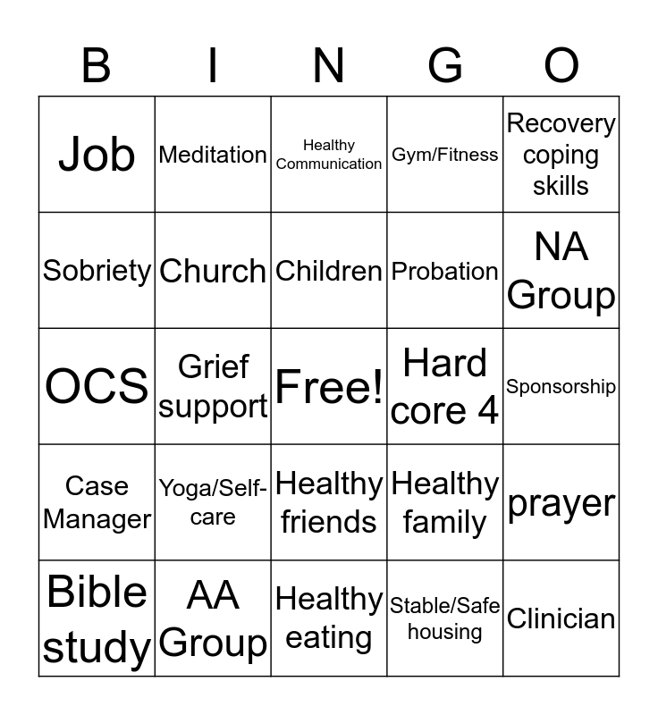 relapse prevention bingo card