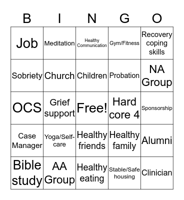 Relapse Prevention  Bingo Card