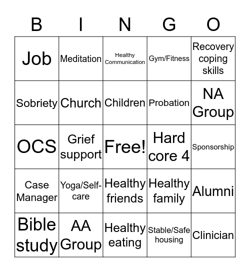 Relapse Prevention  Bingo Card