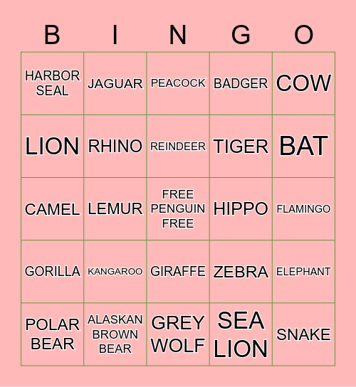 ZOO Bingo Card