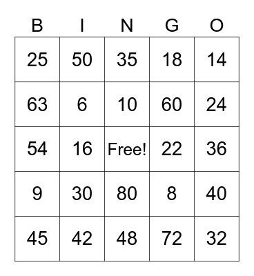 Multiplication Bingo Card