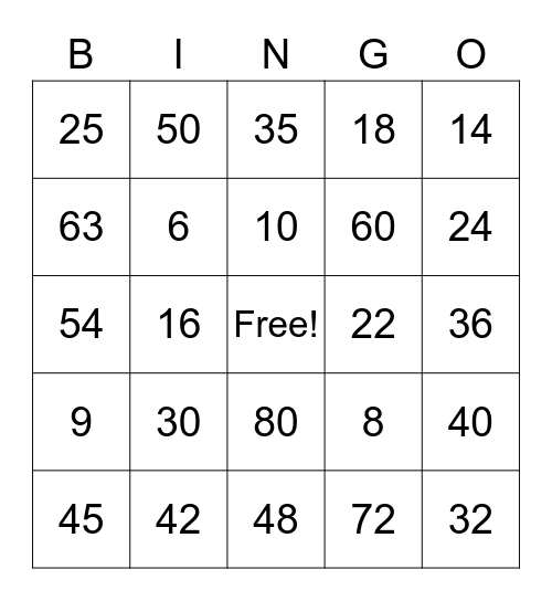 Multiplication Bingo Card
