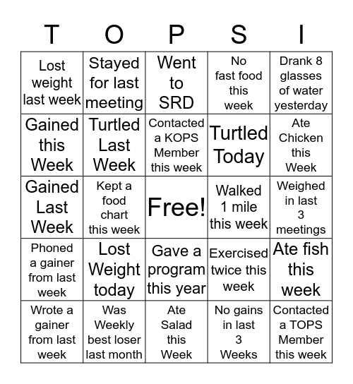 TOPS Bingo Card