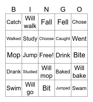 Verb Tense Bingo Card