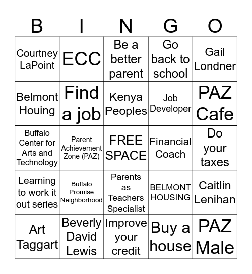 Promise Neighborhood Bingo Card