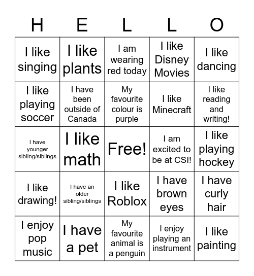 Get To Know Me! Bingo Card