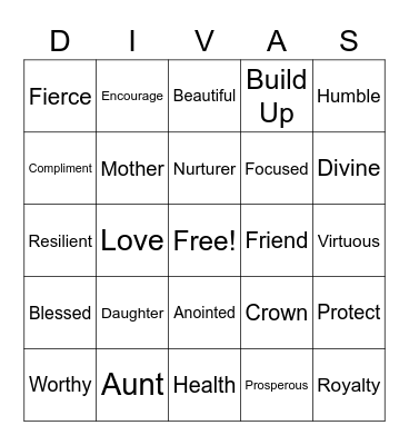 Sip & Cook Diva Bingo Card