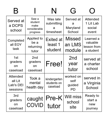 Tutor Bingo! Bingo Card