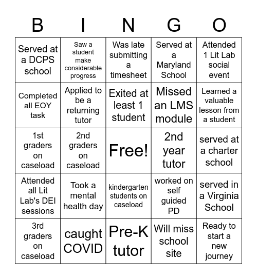 Tutor Bingo! Bingo Card
