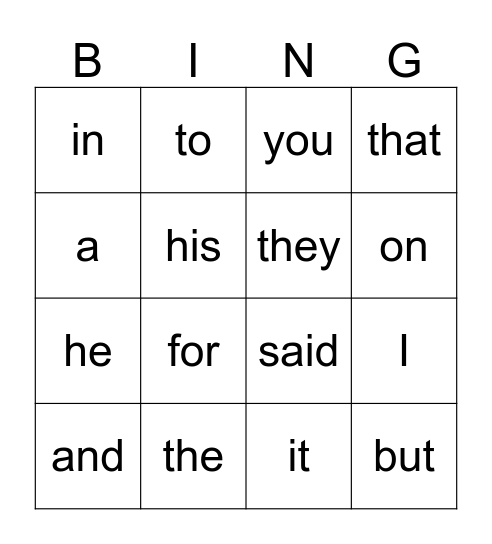 Dolch Words Bingo Card