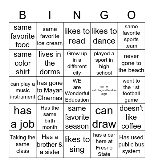 Wonderful Bingo Mingle Bingo Card