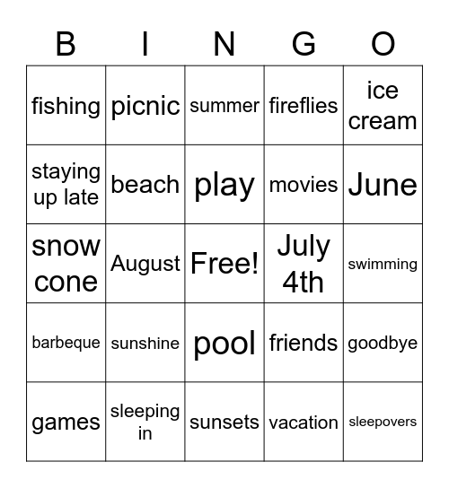 End of School Year Bingo Card