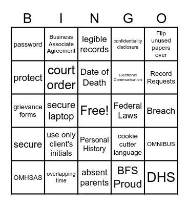 HIPAA/COMPLIANCE Bingo Card