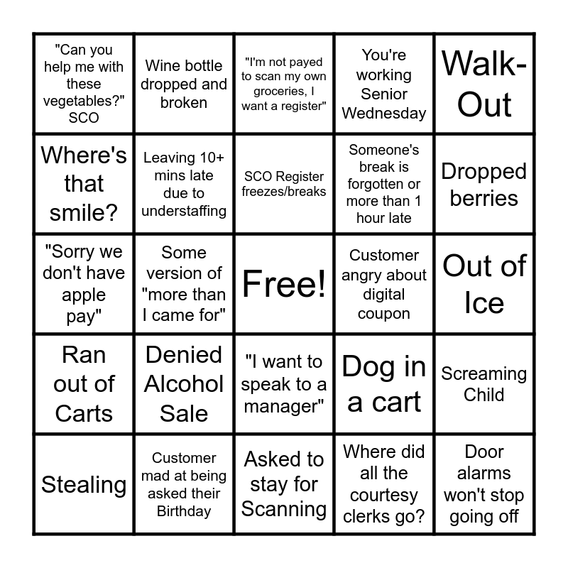 So You're a Cashier at Fry's Bingo Card