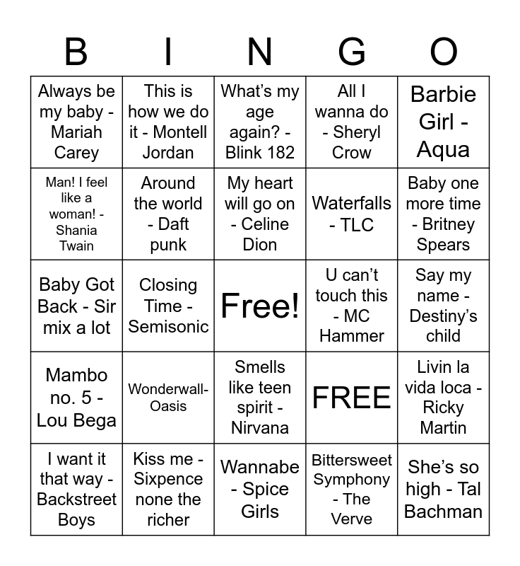 90-s-top-hits-bingo-card