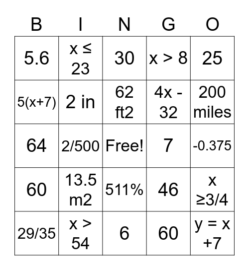 Math 6 EOY Bingo Card