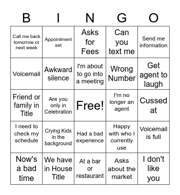 Realtor Call Night Bingo Card