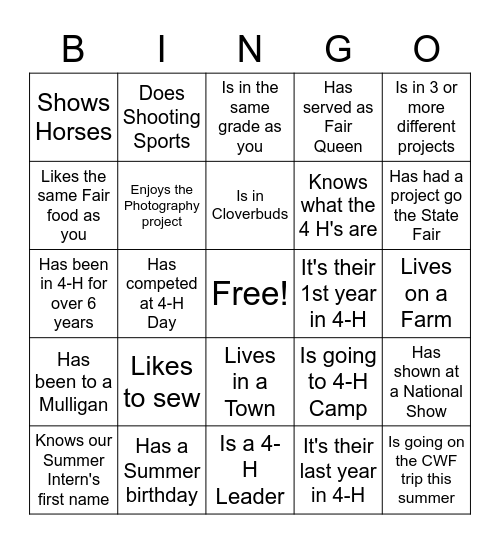4-H Bingo - Wab. Co. Style! Bingo Card