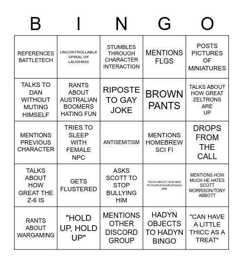 HADYN BINGO Card