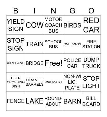 Travel Bus Bingo Card