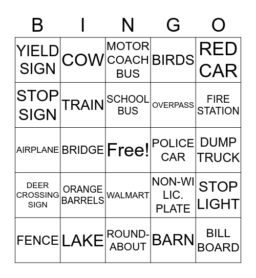 Travel Bus Bingo Card