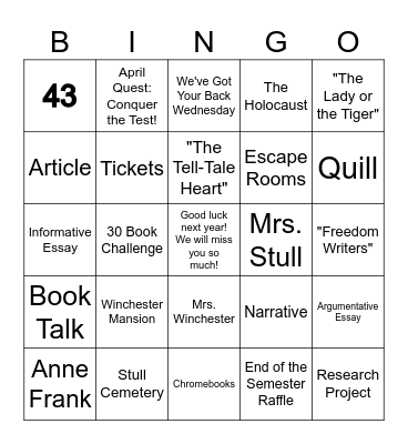 Year in Review BINGO - 8th Grade Bingo Card