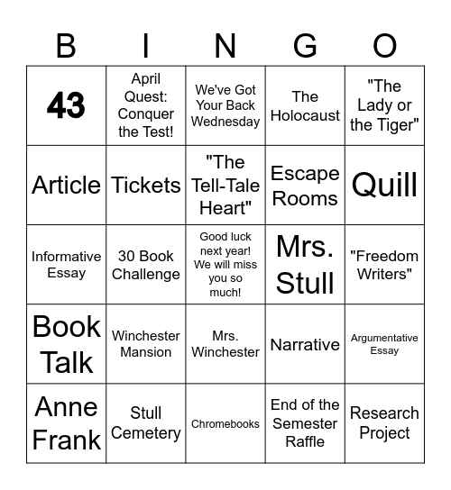 Year in Review BINGO - 8th Grade Bingo Card