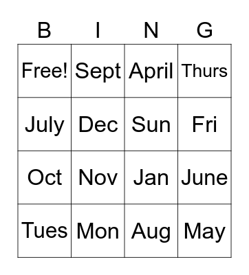 Months and Days Bingo Card