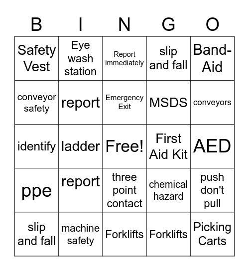 Safety Month Bingo Card