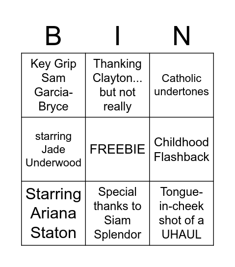 RTVF Film Premiere Bingo Card