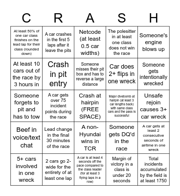 2022 iRacing Creventic 12H of Hockenheim Bingo Card