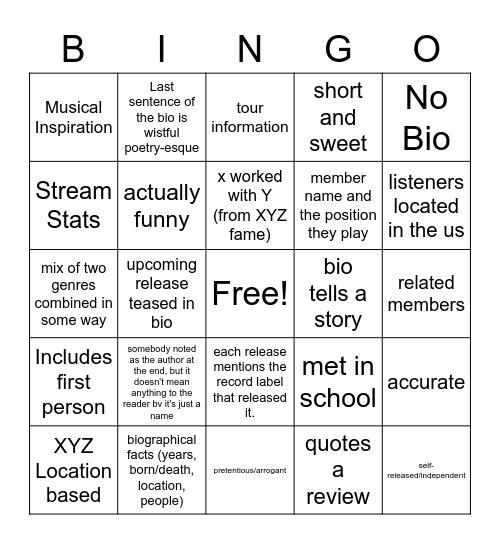 Band Bio Bingo Card