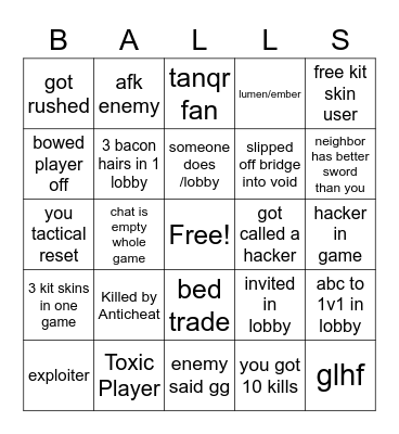 Roblox Bedwars Bingo Card