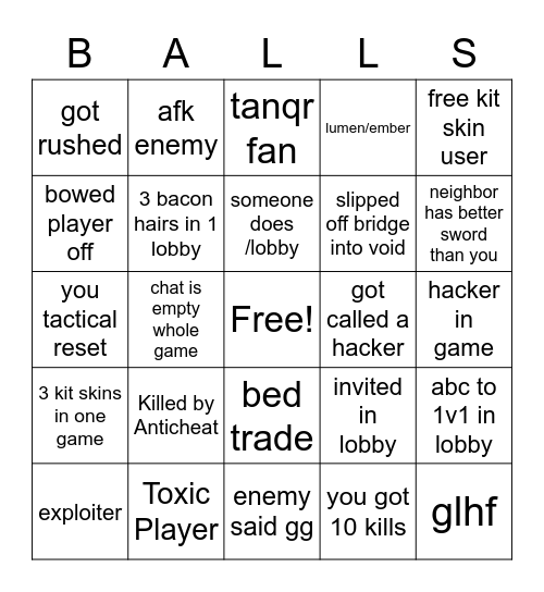 Roblox Bedwars Bingo Card