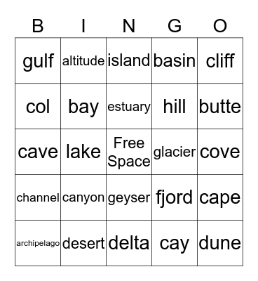 Landform Bingo 1. Bingo Card