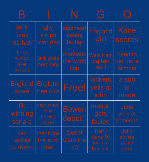 England nt Bingo Card