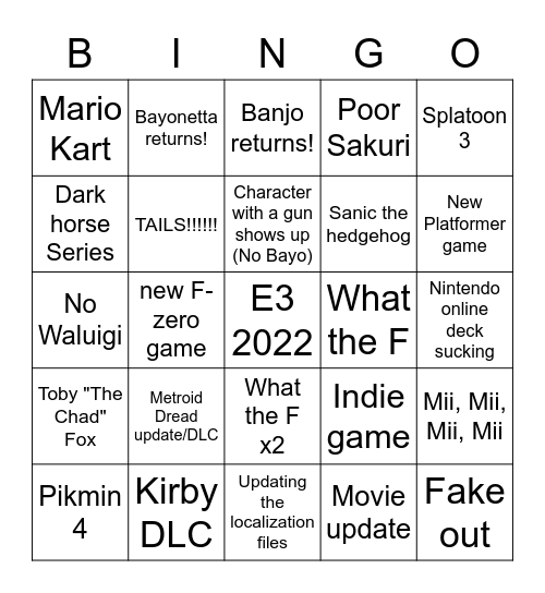 Nintendo Direct Bingo Card