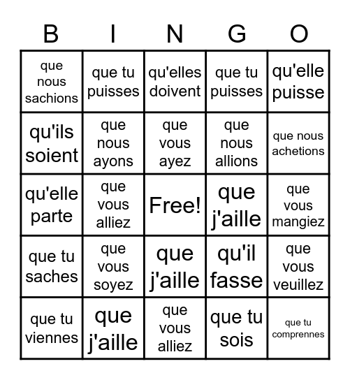 Verbes au subjonctif Bingo Card