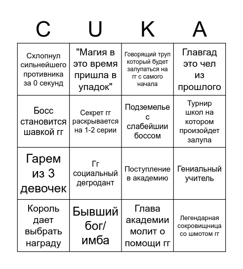 Секретное бинго исэкаев Bingo Card