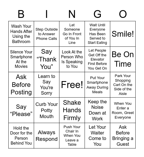 Manners and Etiquette Bingo Card