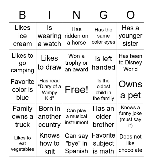Classmate Bingo Card
